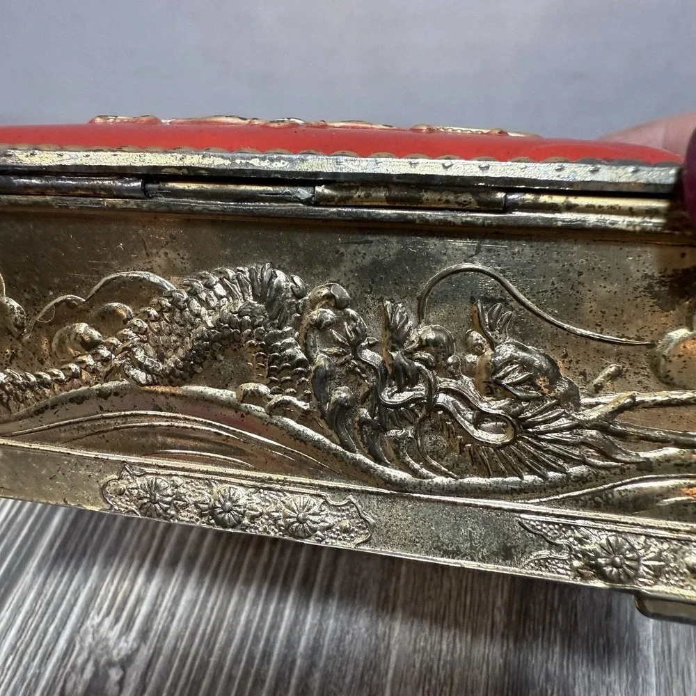 VTG Brass Trinket Box Red With Gold Tone Flowers With Red‎ Velvet Lining Ornate